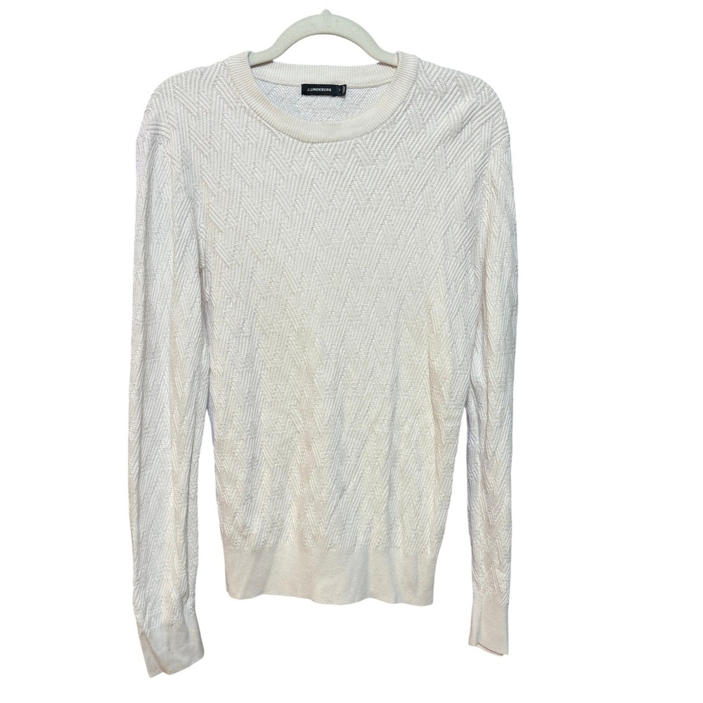 J.Lindeberg Mens Herring Basket Cable Knit‎ Cotton Sweater Off-White Cream M